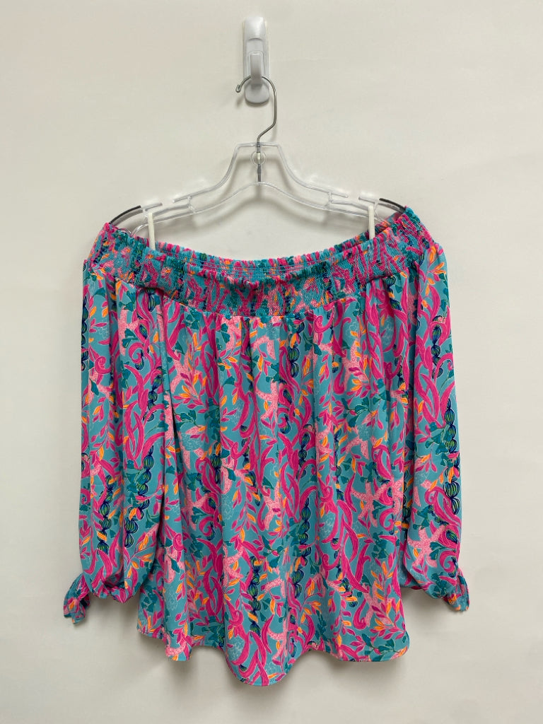 LILLY PULITZER Size M Aqua/Pink Orange/Navy Smocking Puff Sleeve Ladies Top