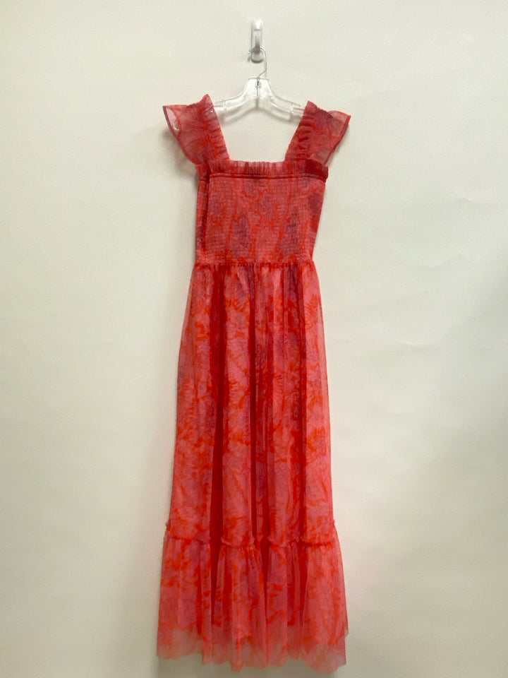 MELLODAY Size S Pink Orange Smocking Maxi Mesh Ladies Dress