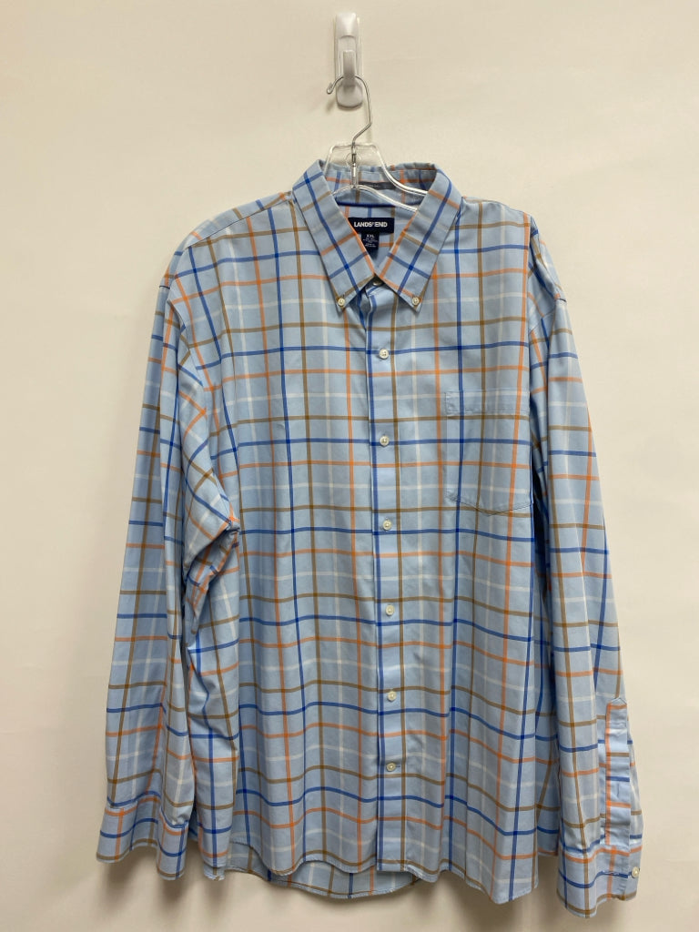 Lands End Size XXL Light Blue Orange/Tan Plaid Men&