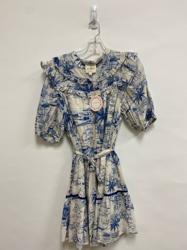 NWT Umgee Size L Cream Blue Landscape Puff Sleeve Ladies Dress