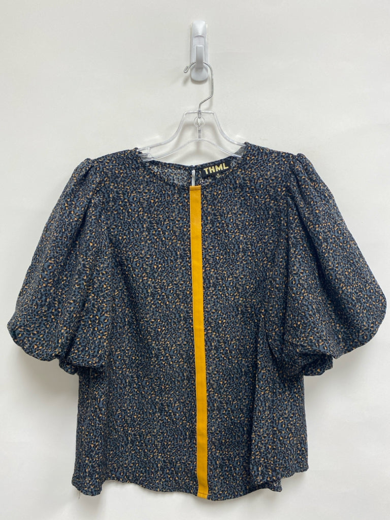 THML Size M Slate Blue Black/Tan Animal Print Short Sleeve Ladies Top