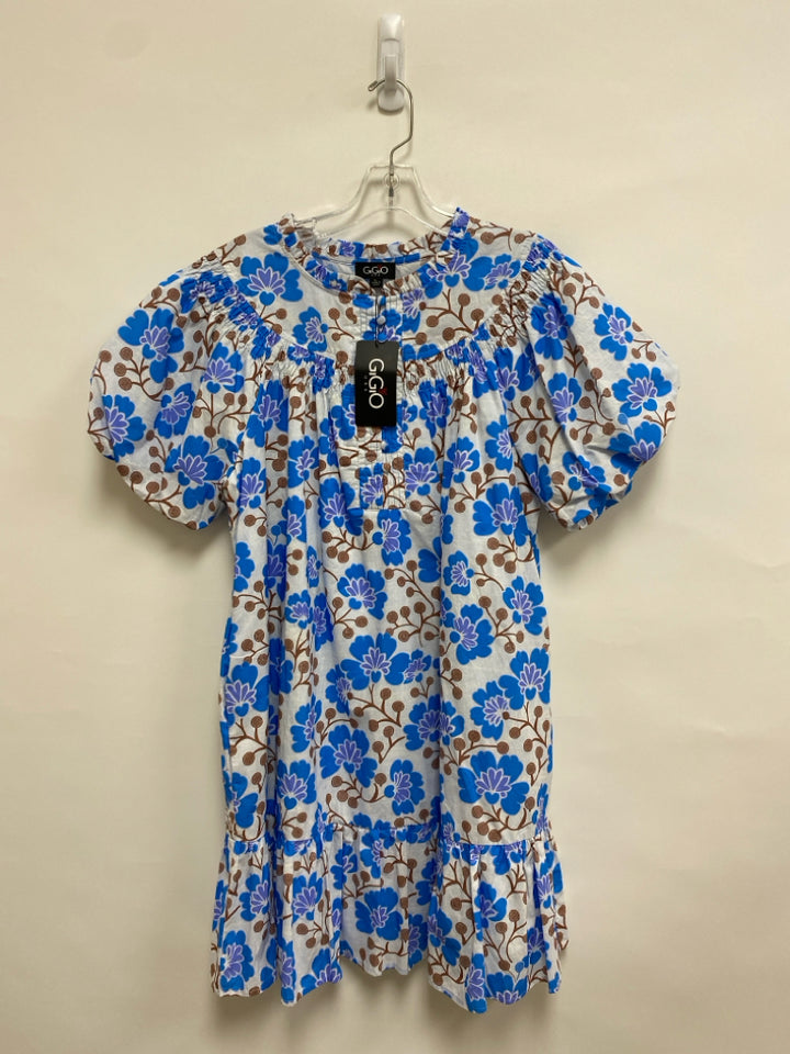 NWT GiGiO Size L White Blue/Brown Floral Puff Sleeve Ladies Dress