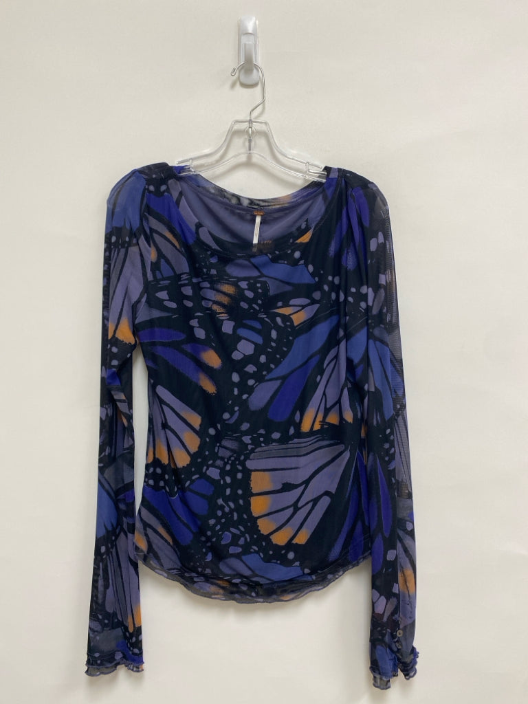 Free People Size XL Black/Blue Terra Cotta Butterflies Sheer Ladies Top