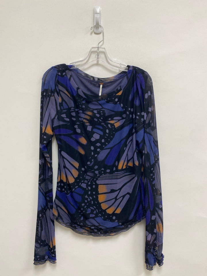 Free People Size XL Black/Blue Terra Cotta Butterflies Sheer Ladies Top