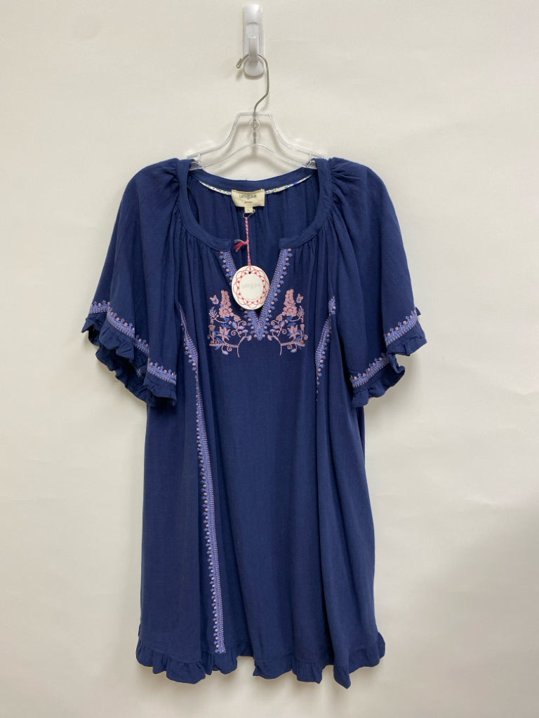 NWT Umgee Size L Navy Blue/Pink Embroidered Linen Blend Ladies Dress