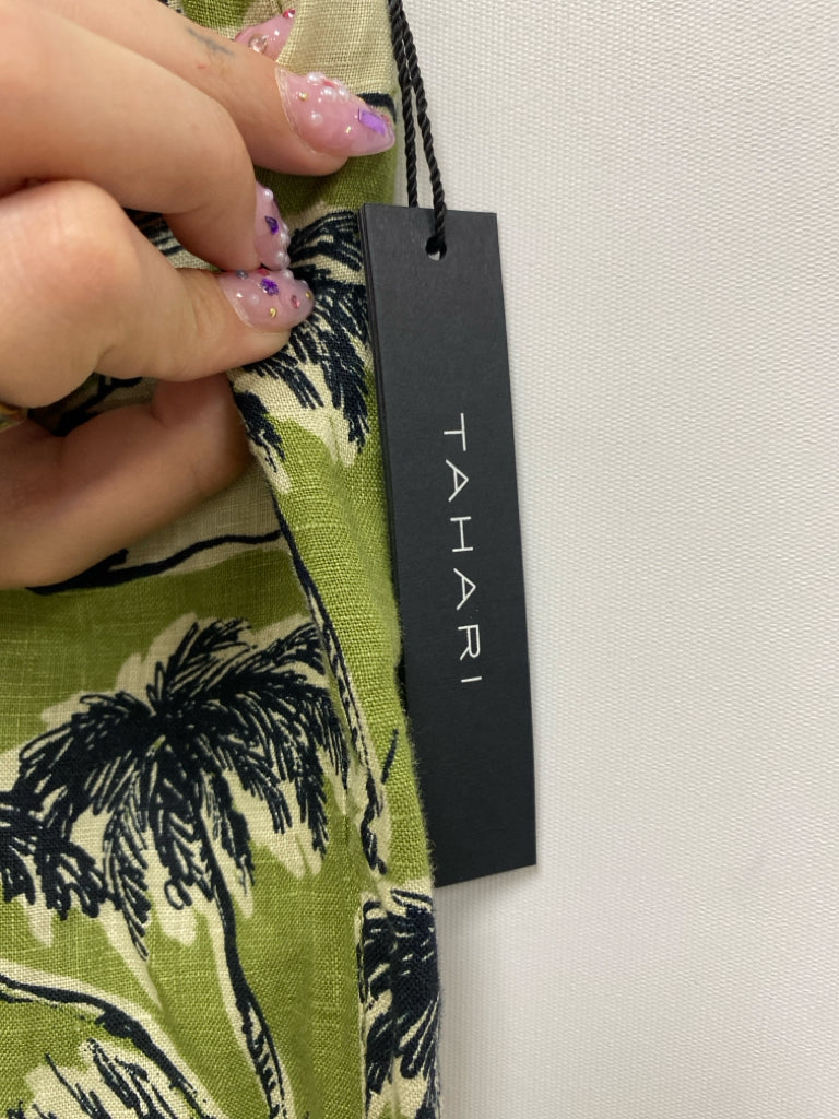 NWT Tahari Size S Sage Navy Palm Trees Wide Leg Linen Ladies Pants