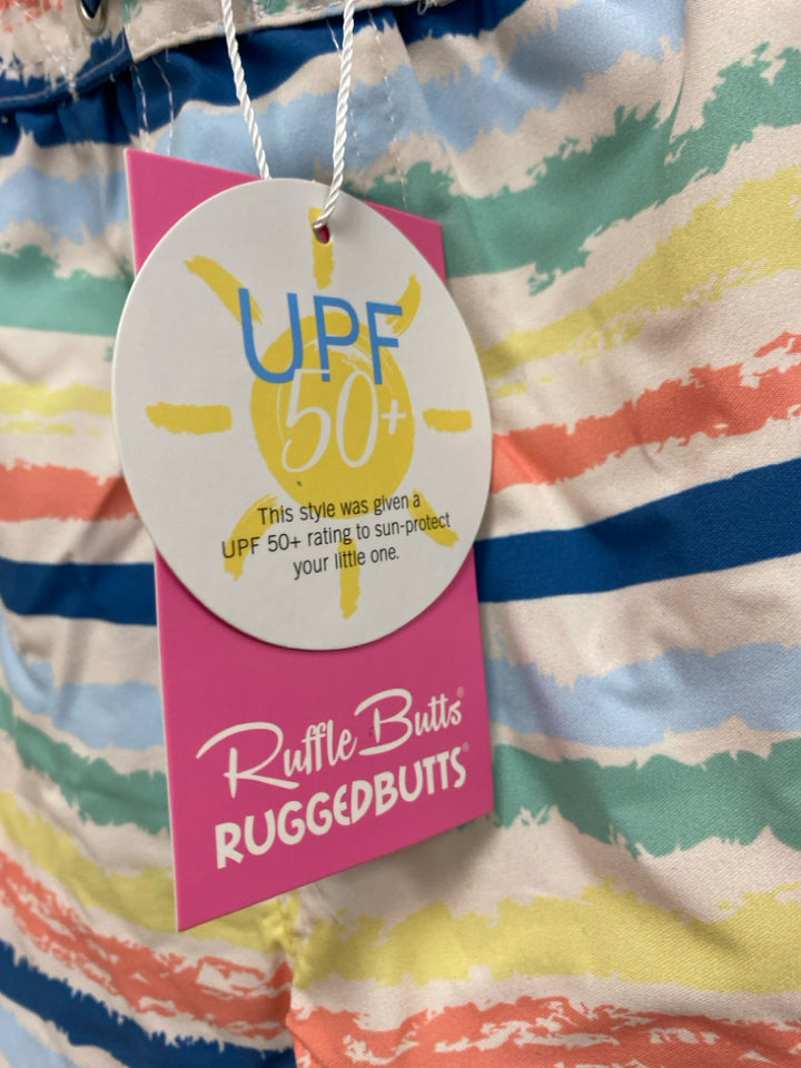 NWT Ruffle Butts SIZE 6 White/Aqua Coral/Blue Stripes Boy&