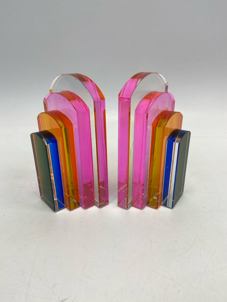 Clear Multi Color Iridescent Glass Bookends