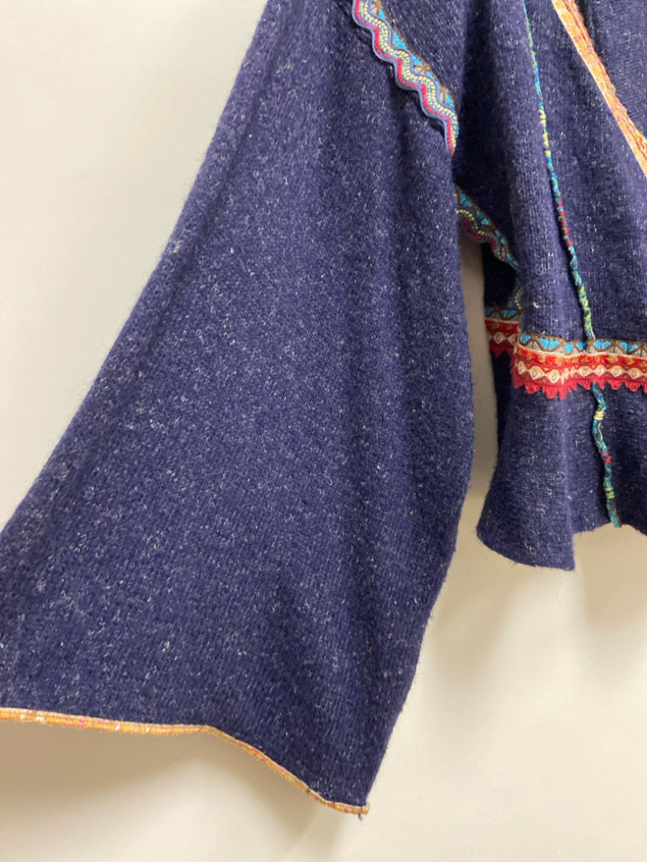 MOTH Size M Navy Multi Color Trimmed Wrap Ladies Sweater