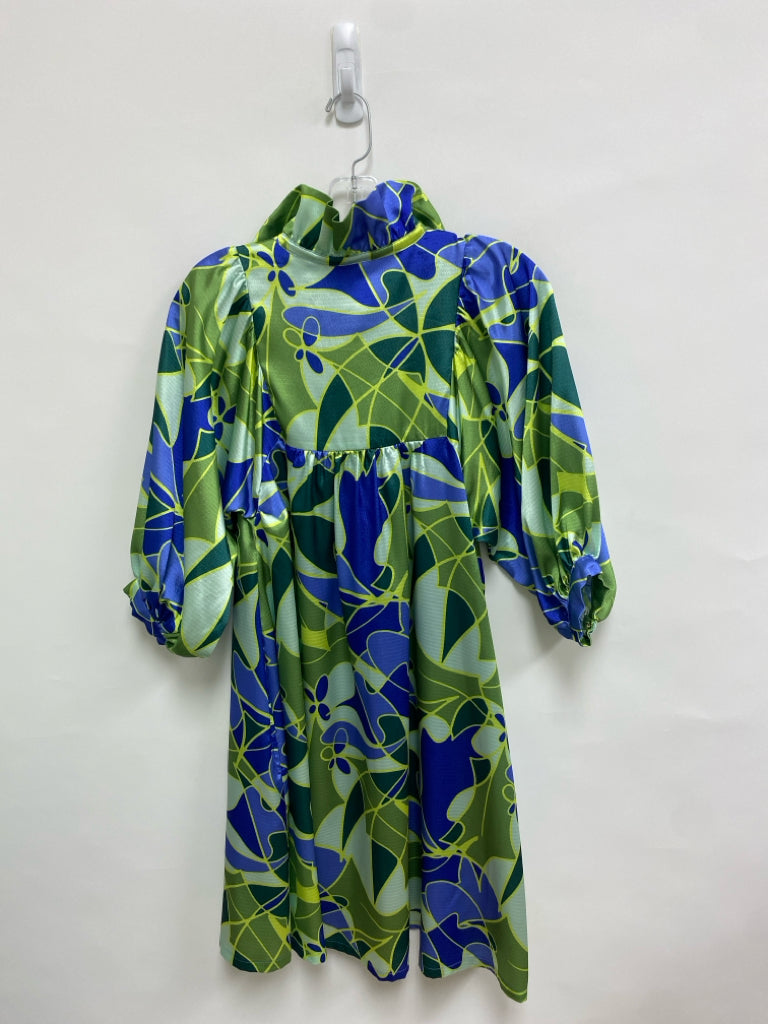 EMILY McCARTHY Size XS Blue/Green Seafoam Abstract Puff Sleeve Ladies Dress