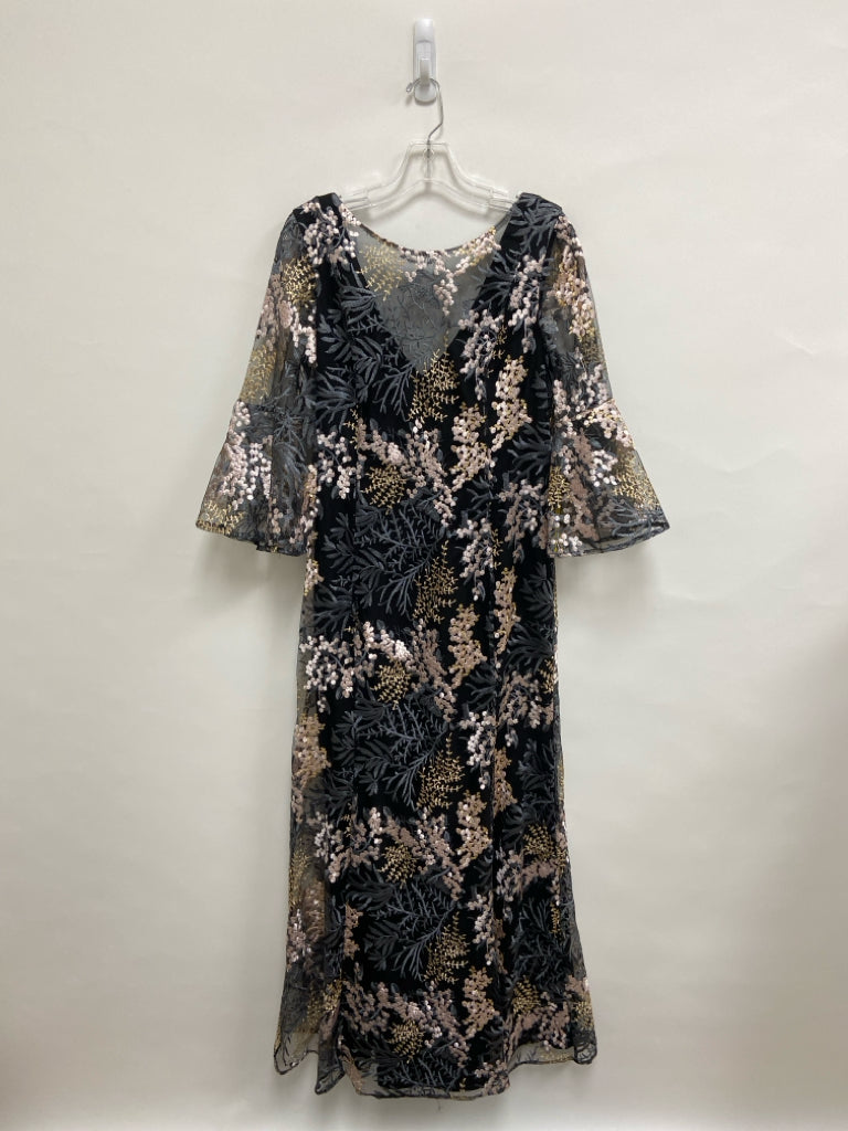 NWT BADGLEY MISCHKA Size 10 Black Pink/Tan Embroidered Maxi Ladies Formal Dress