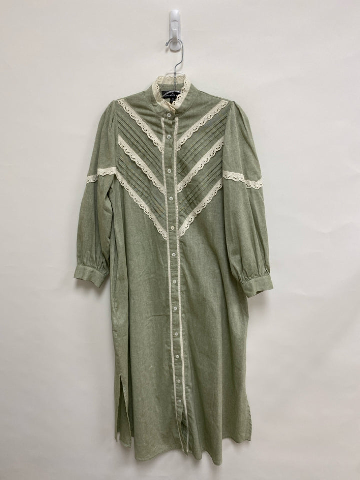 Pomander Place Size XS Sage Cream Lace Button Up Linen Blend Ladies Dress