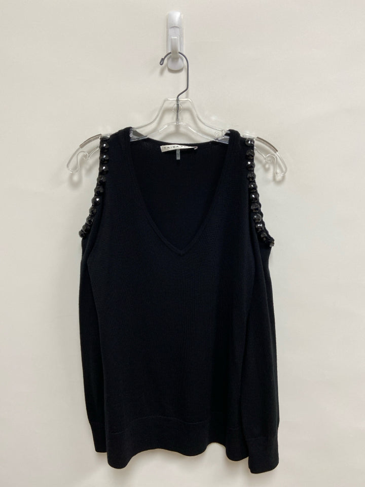Trina Turk Size M Black Beaded Cold Shoulder Merino Ladies Sweater