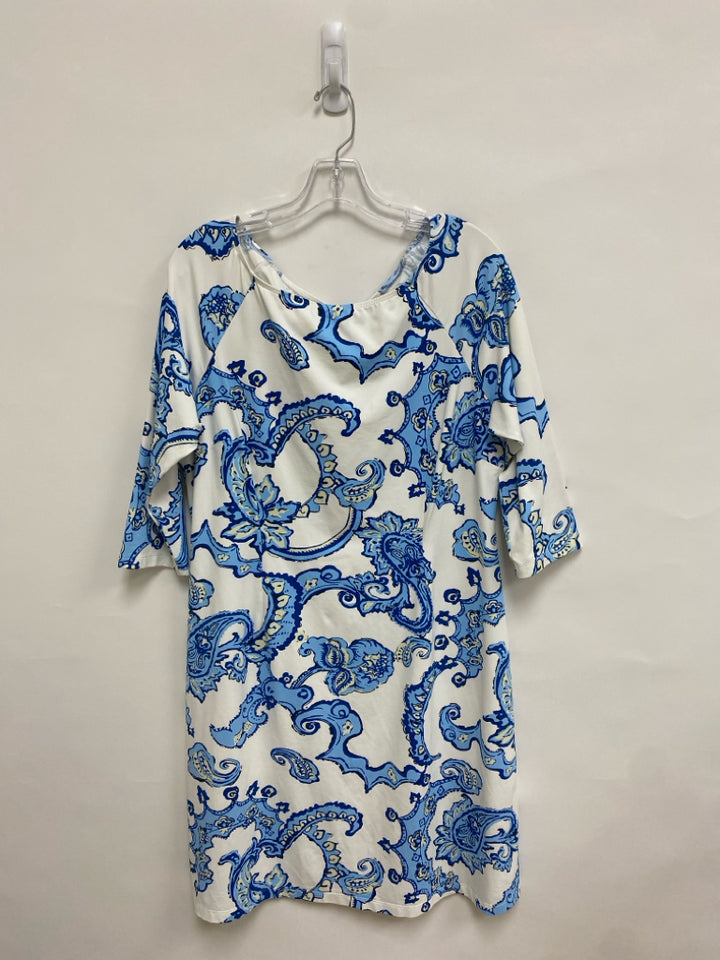 J McLaughlin Size XL White Blue Paisley 3/4 Sleeve Ladies Dress