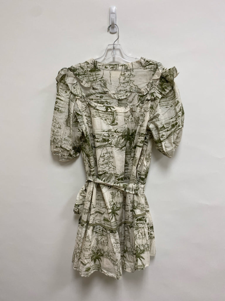 NWT Umgee Size L Cream Olive Green Landscape Puff Sleeve Ladies Dress