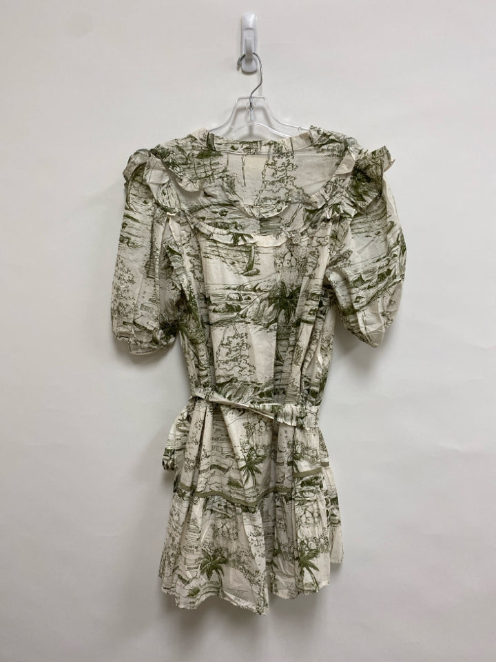 NWT Umgee Size L Cream Olive Green Landscape Puff Sleeve Ladies Dress