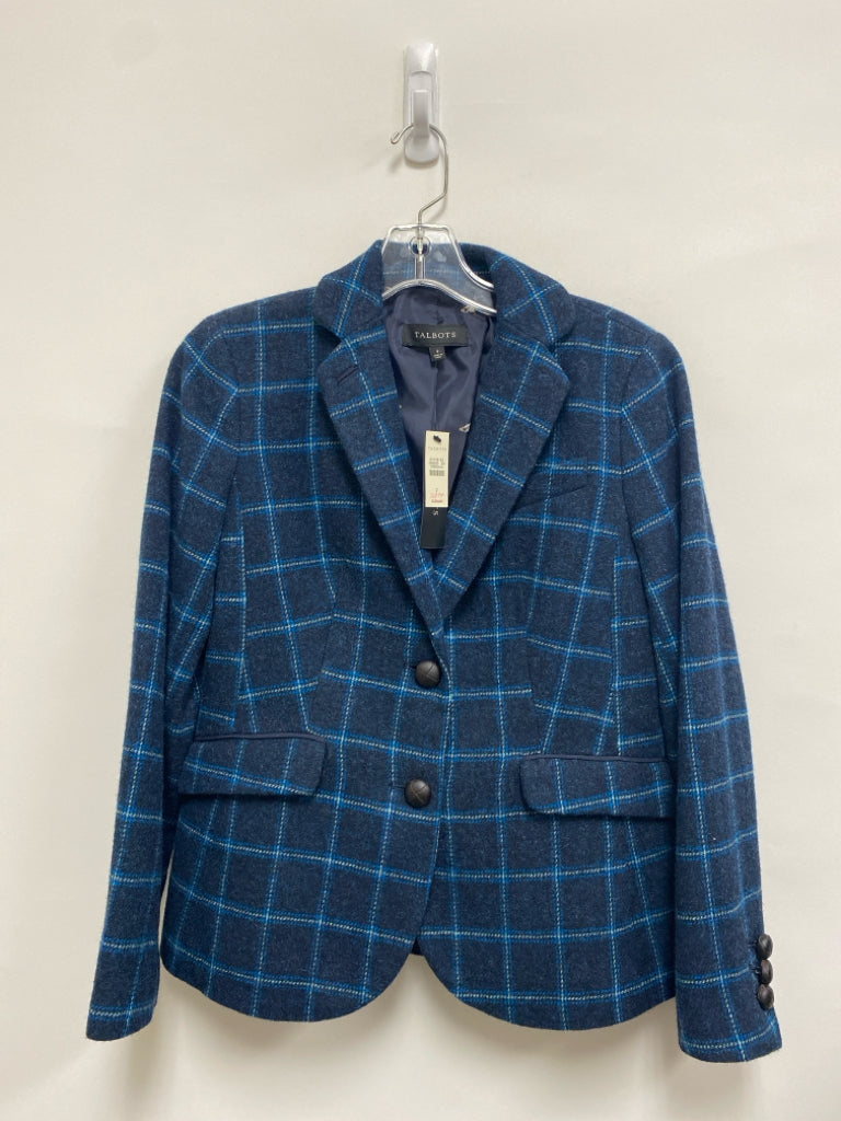NWT Talbots Size 2 Navy Turquoise Windowpane Wool Blend Ladies Jacket