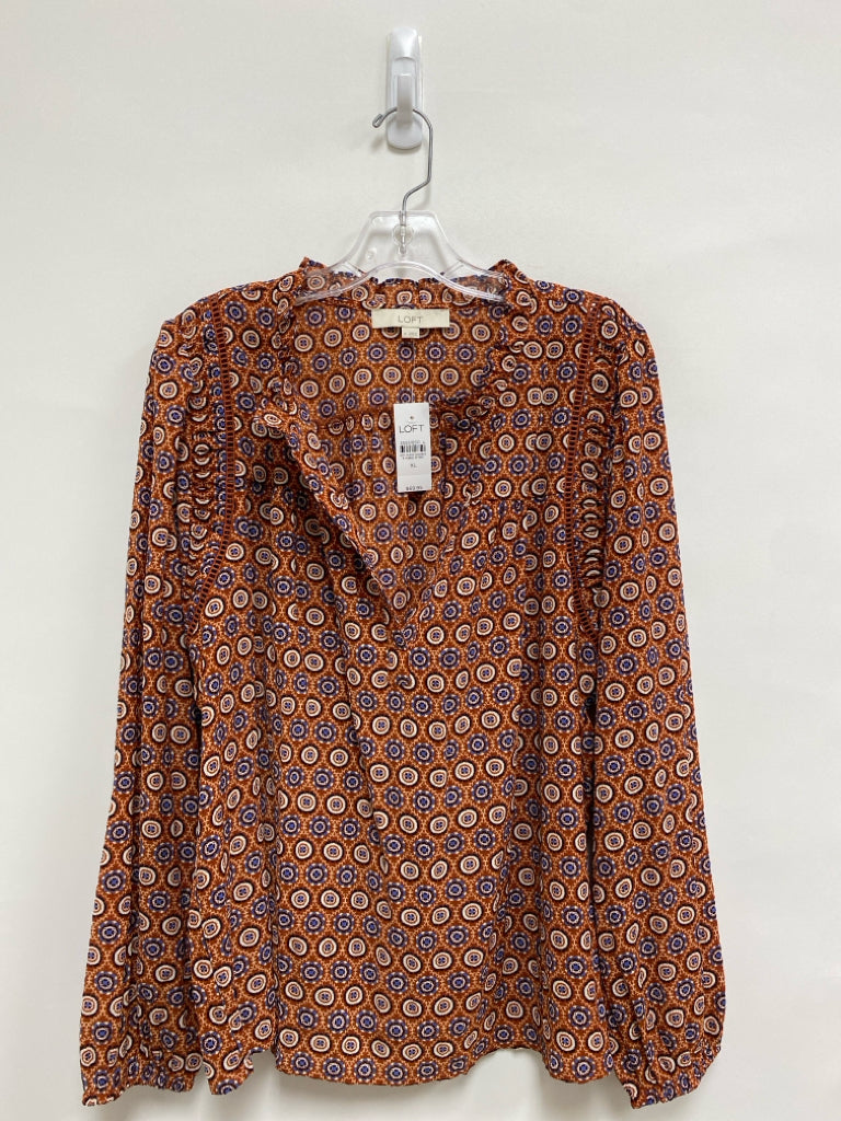 NWT LOFT Size XL Burnt Orange Cream/Blue Circles Long Sleeve Ladies Top