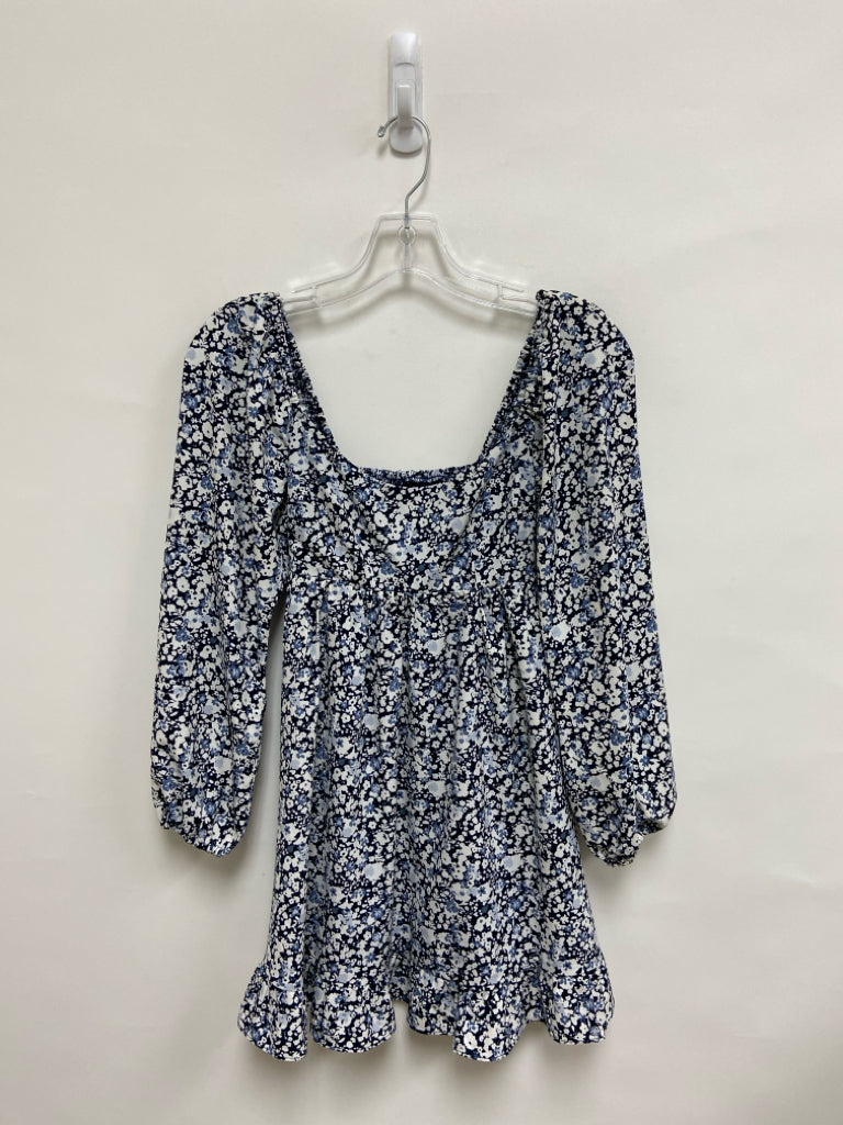 Abercrombie &amp; Fitch Size XXSP Navy Cream/Blue Flowers Long Sleeve Petite Dress