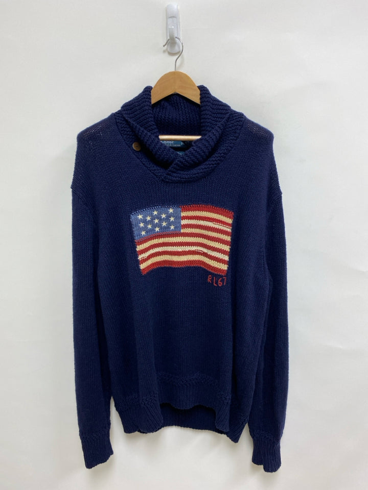 Polo Size XXL Navy Red/Tan American Flag Linen Blend Men&