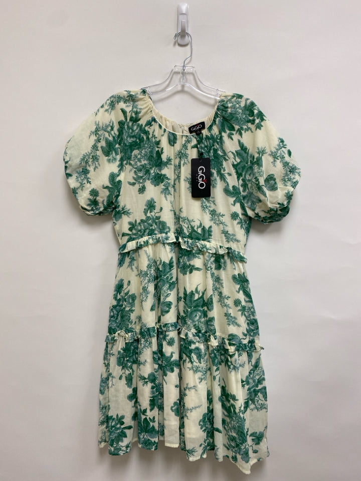 NWT GiGiO Size S Cream Seafoam/Green Flowers Puff Sleeve Ladies Dress