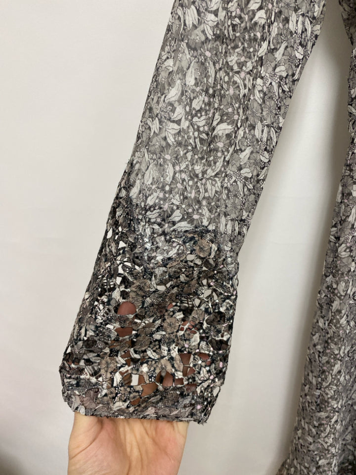 Elie Tahari Size XS Taupe Gray/Black Leaves Long Sleeve Silk Ladies Dress