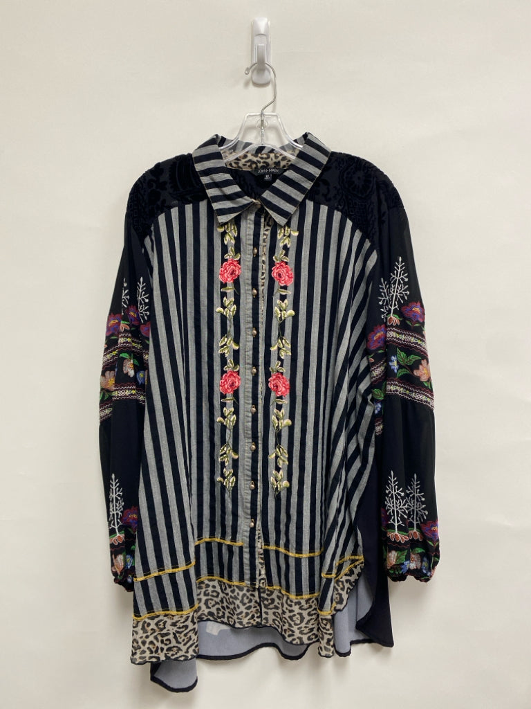 JOHN MARK  SIZE  3X Black Gray/Multi Stripes/Flowers Embroidered Plus Size Top