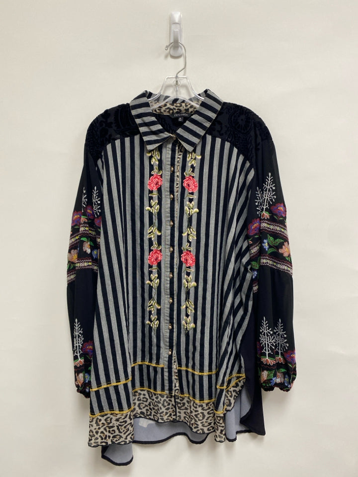 JOHN MARK  SIZE  3X Black Gray/Multi Stripes/Flowers Embroidered Plus Size Top