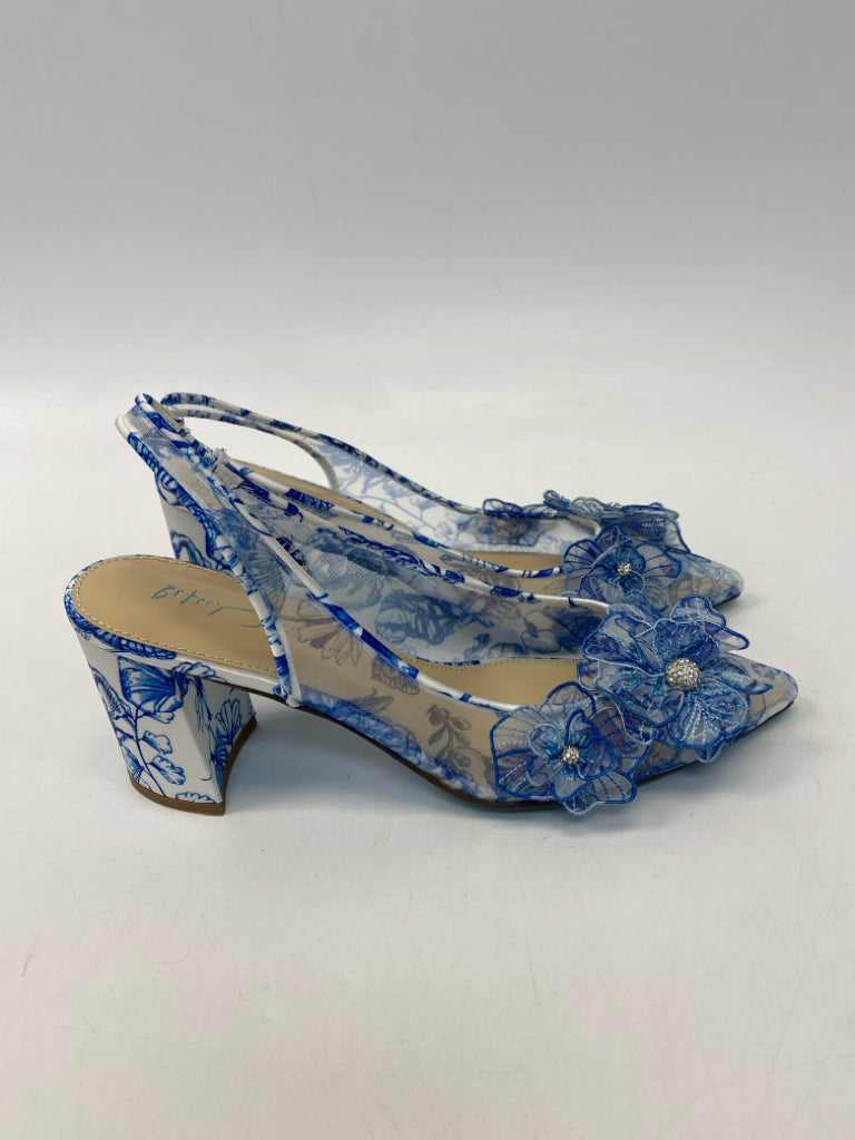 Betsey Johnson  Size 9.5 Blue White Flower(s) Sheer Heels