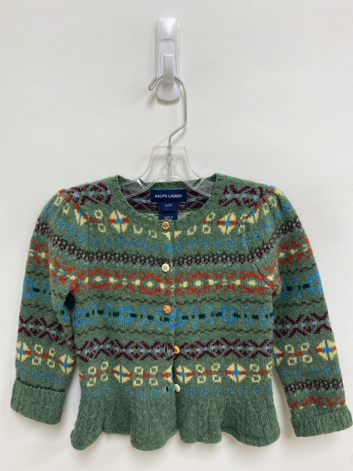 Ralph Lauren SIZE 3T Green Multi Color Cardigan Wool Blend Girl&