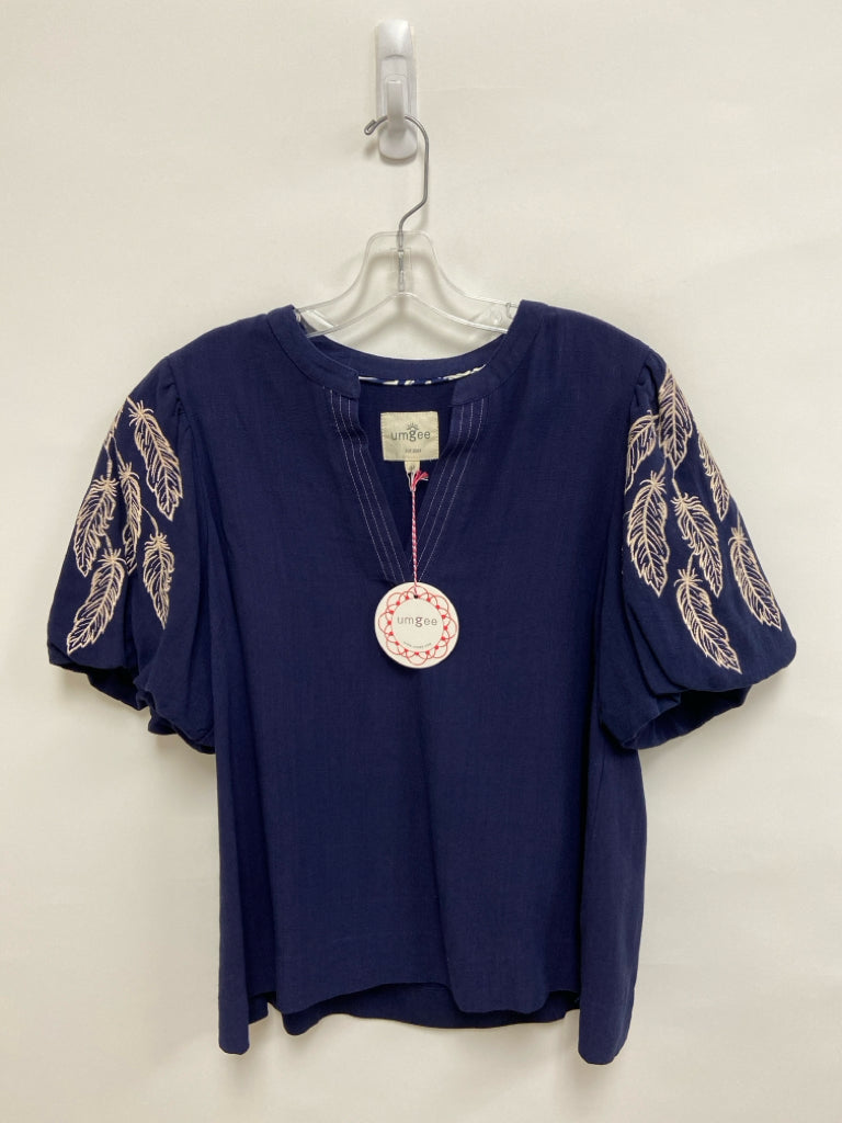 NWT Umgee Size M Navy Beige Feathers Linen Blend Ladies Top