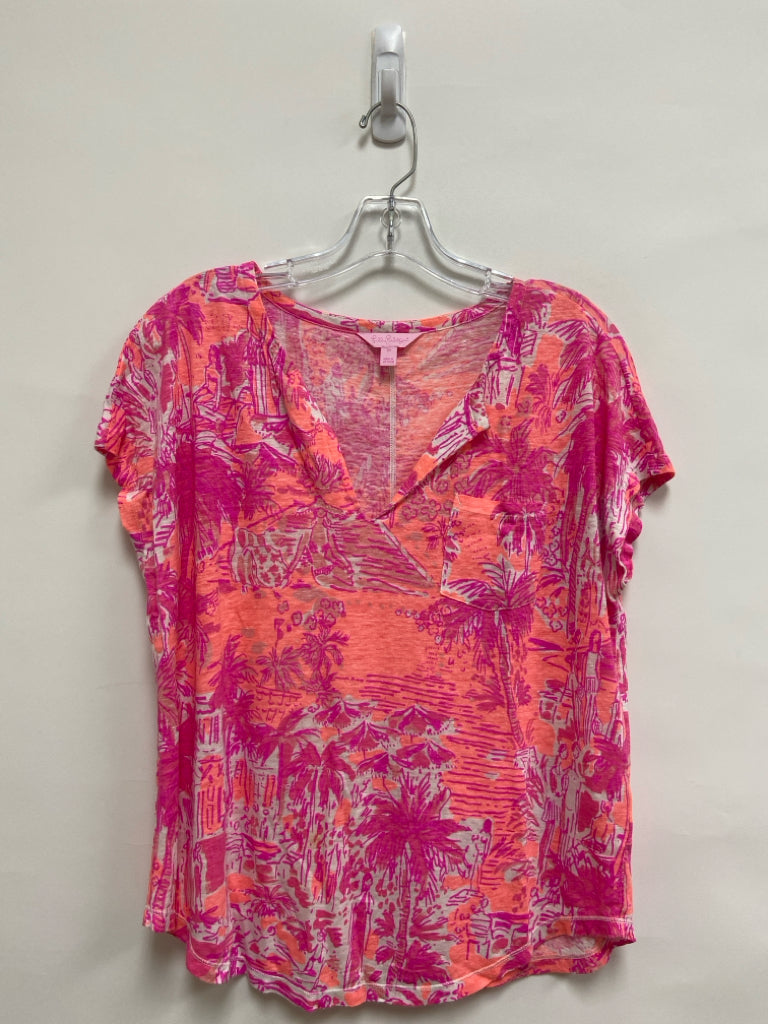 LILLY PULITZER Size M Neon Pink Neon Coral Tropical Linen Ladies Top