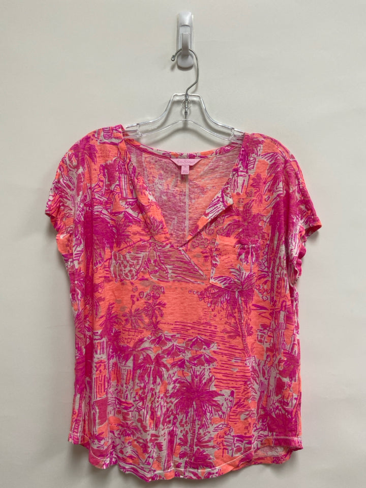 LILLY PULITZER Size M Neon Pink Neon Coral Tropical Linen Ladies Top