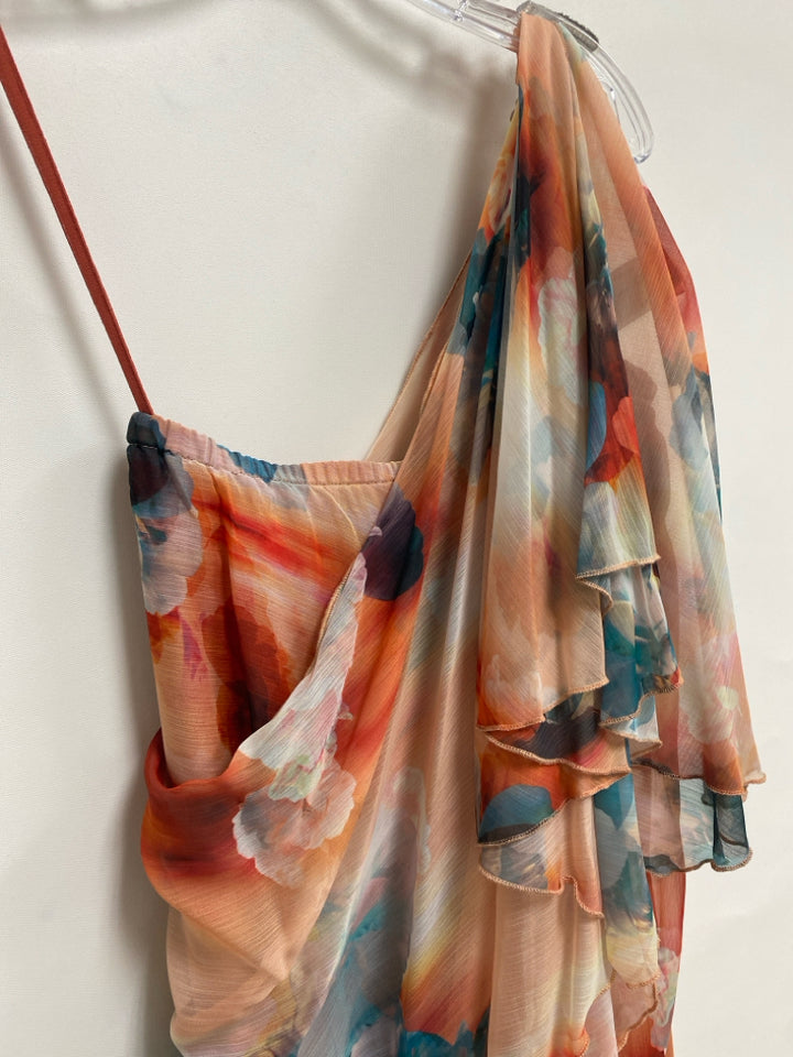 Size S Peach Turquoise/Multi Ruffles Maxi Sheer Ladies Dress
