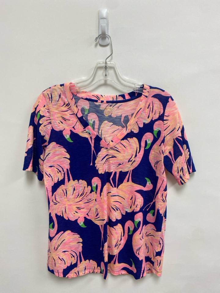 LILLY PULITZER Size S Navy/Pink Flamingo V Neck Ladies Top