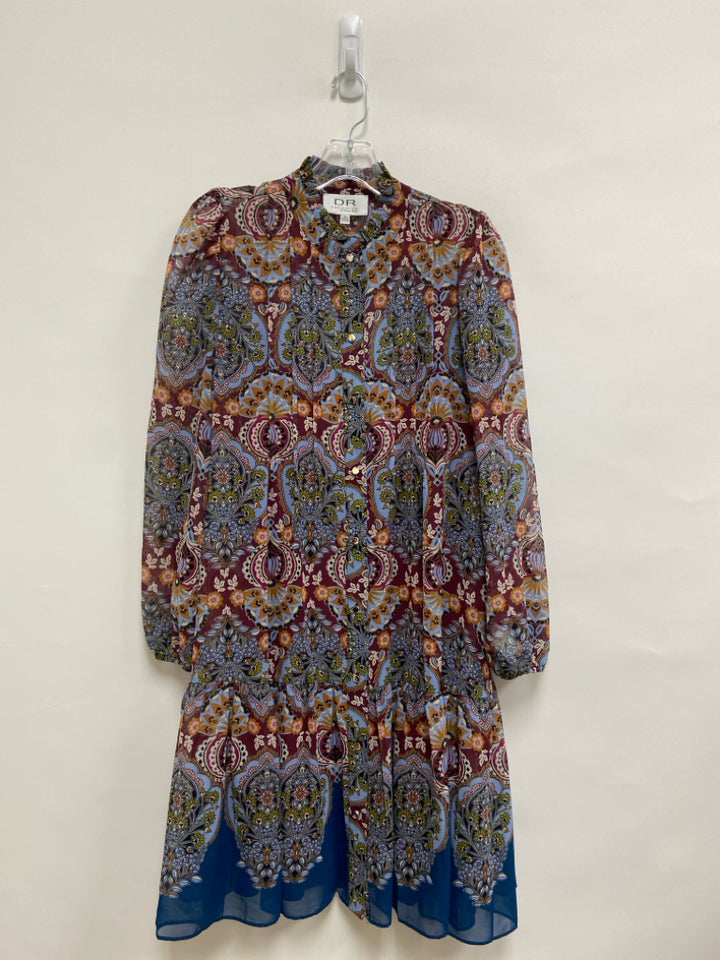 Donna Ricco Size 10 Burgundy/Blue Cream/Orange Acanthus Long Sleeve Ladies Dress