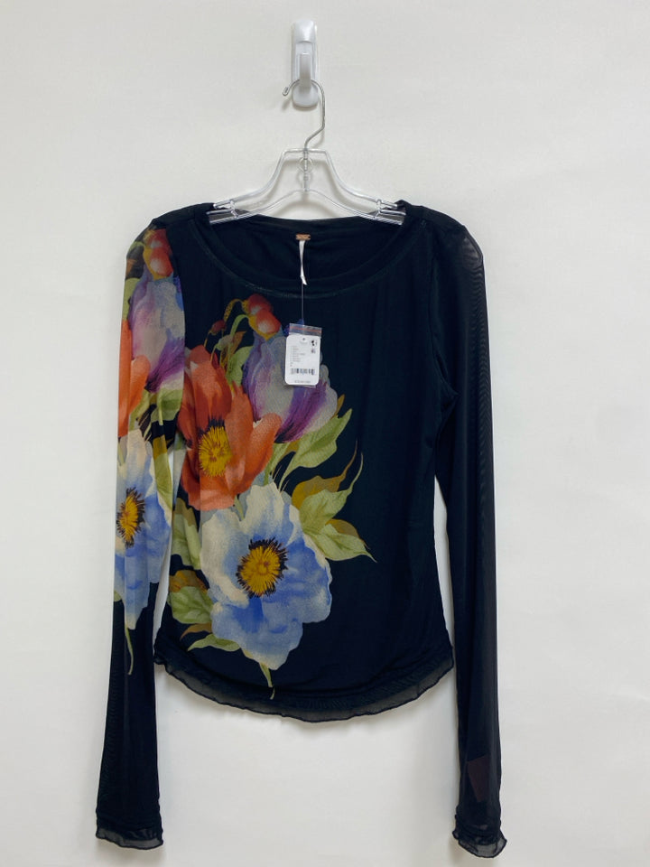 NWT Free People Size L Black Multi Color Flowers Sheer Ladies Top