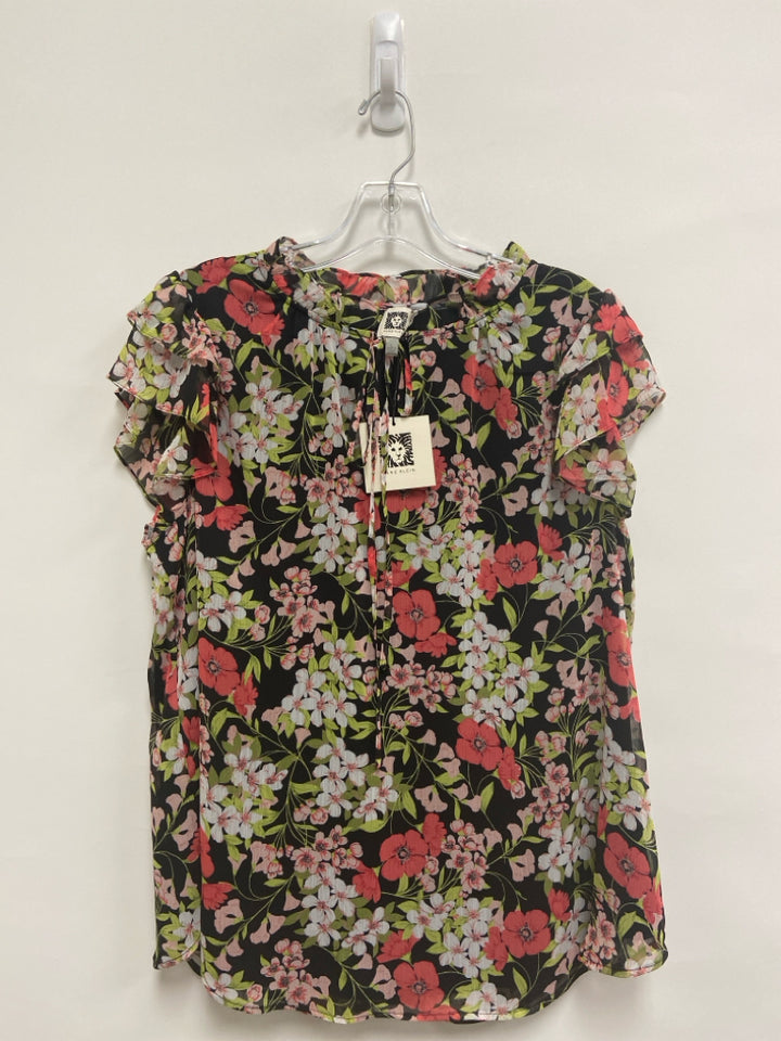 NWT Anne Klein Size L Black/Pink White/Green Ruffles Ladies Top