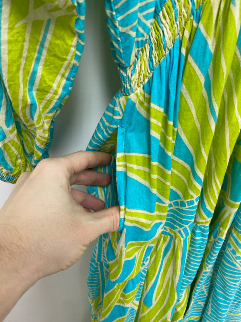 OLIVIA JAMES Size M Blue Green Leaves Ladies Dress