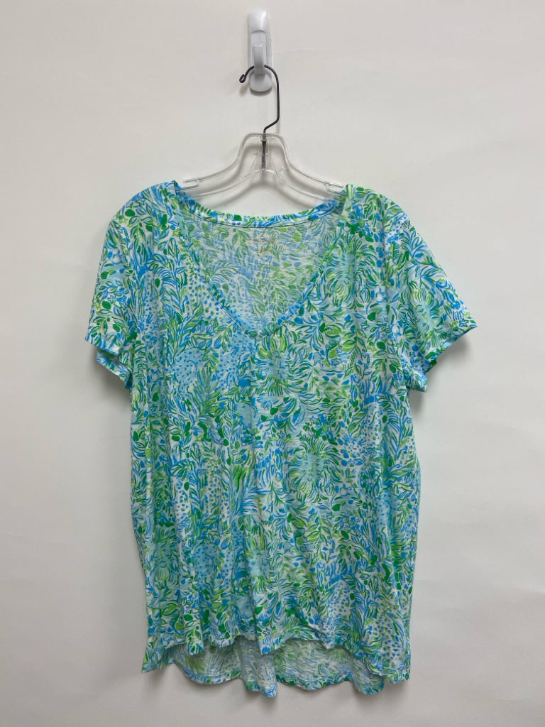 LILLY PULITZER Size XL White Green/Blue Floral Ladies Top