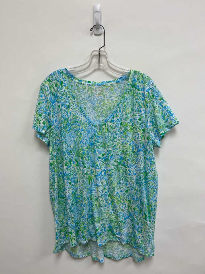 LILLY PULITZER Size XL White Green/Blue Floral Ladies Top