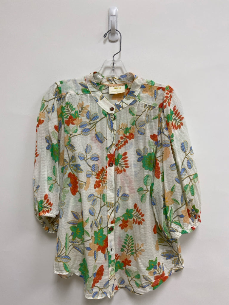 Maeve Size 6 Cream/Blue Aqua/Orange Floral Puff Sleeve Ladies Top