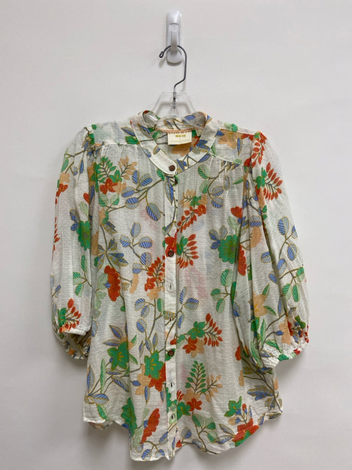 Maeve Size 6 Cream/Blue Aqua/Orange Floral Puff Sleeve Ladies Top