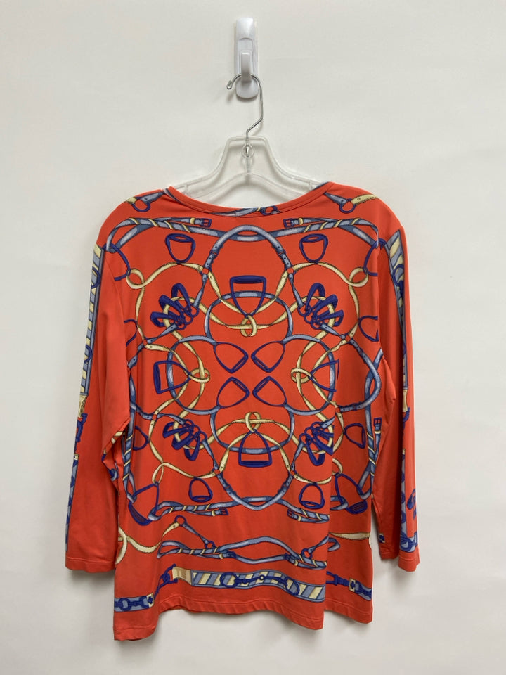 J McLaughlin Size XL Dark Coral Blue/Cream Print 3/4 Sleeve Ladies Top
