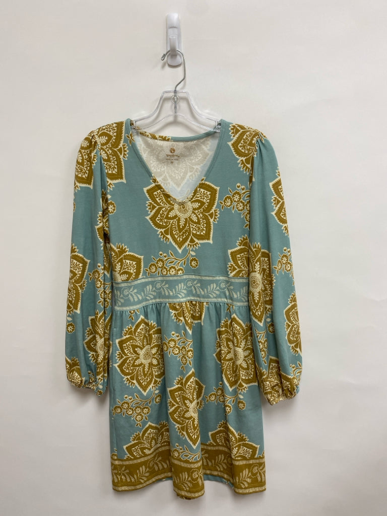Spartina 449 Size XS Dusty Blue Cream/Brown Medallion Puff Sleeve Ladies Dress