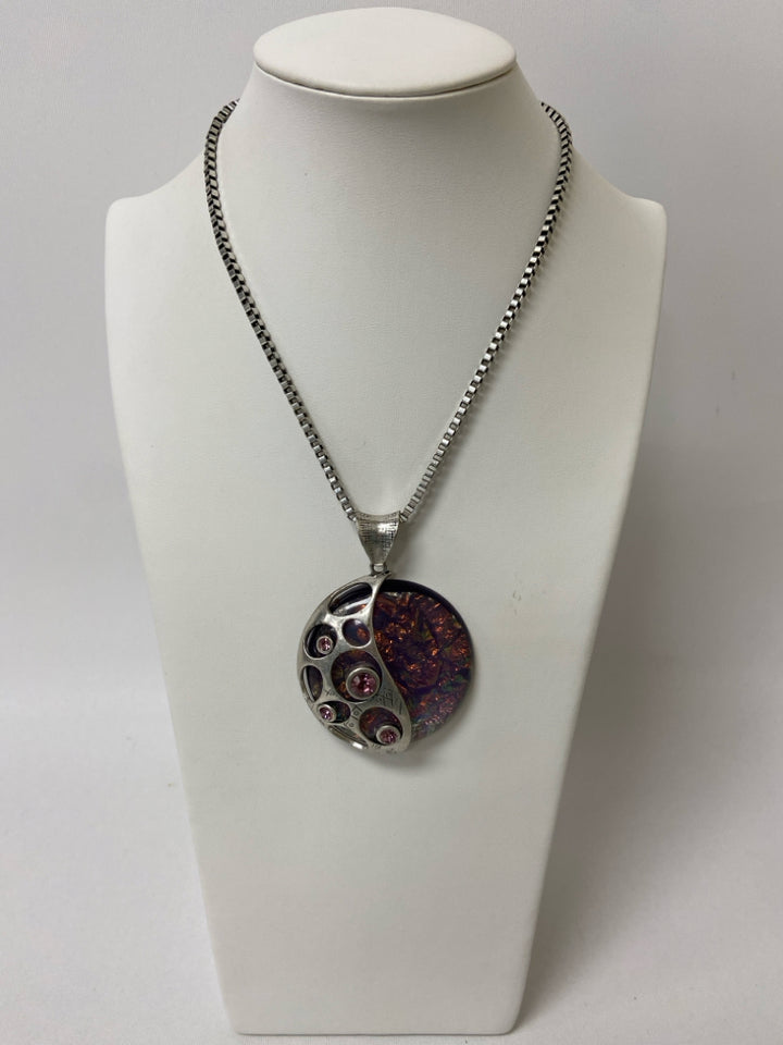 Silver Color Purple Disc Necklace