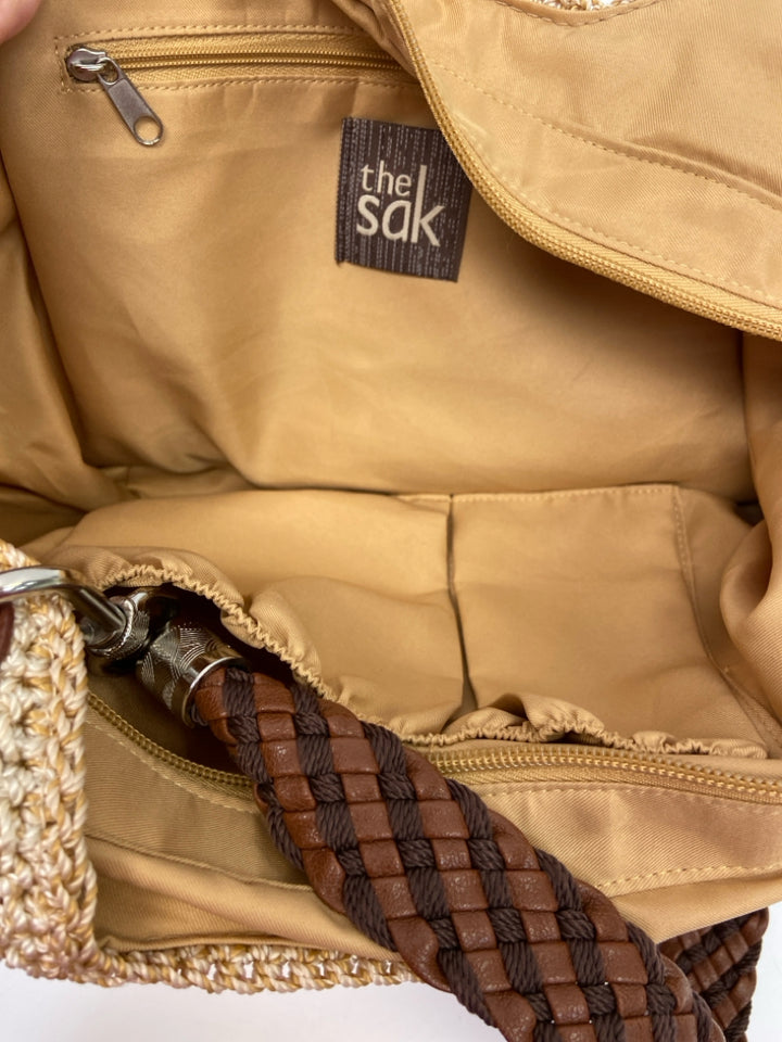 NWT Sak Tan Brown Stripe(s) Crochet Handbag