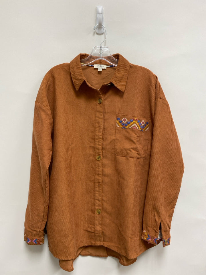 Umgee Size S Brown Blue/Yellow Button Down Embroidered Ladies Top
