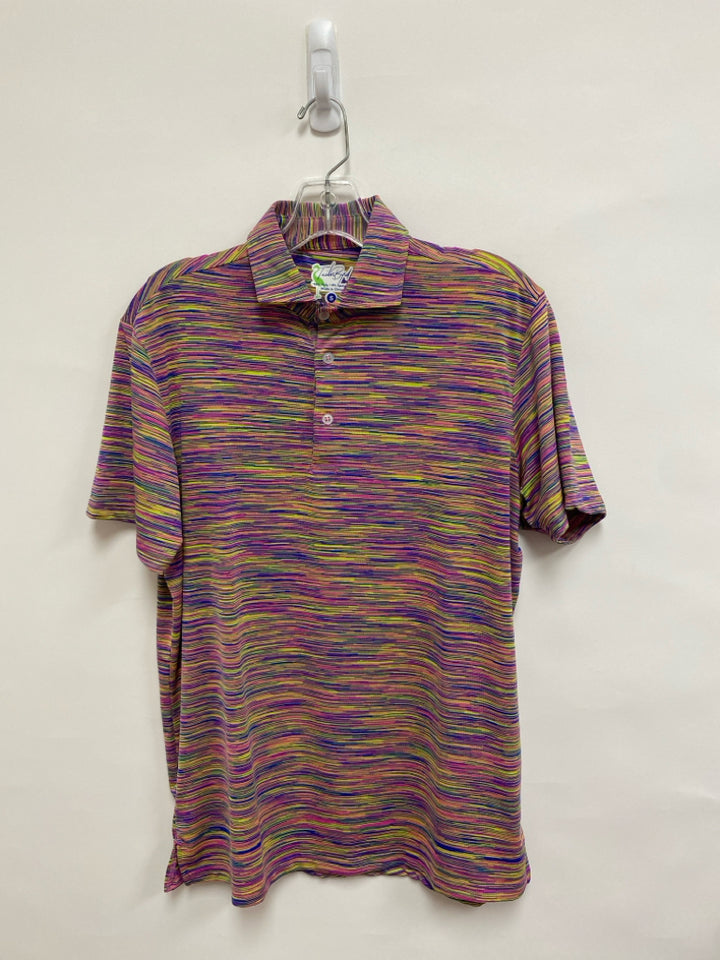 Size S Neon Green Pink/Blue Streaked Polo Men&