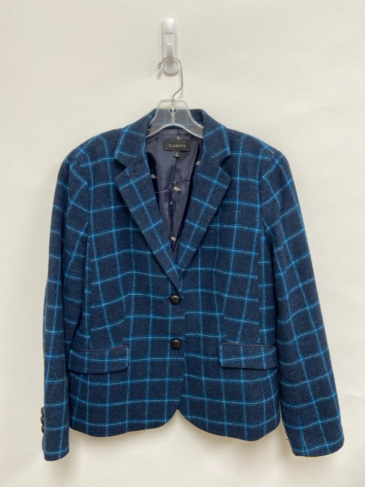 Talbots Size 14 Navy Turquoise Windowpane Wool Blend Ladies Jacket